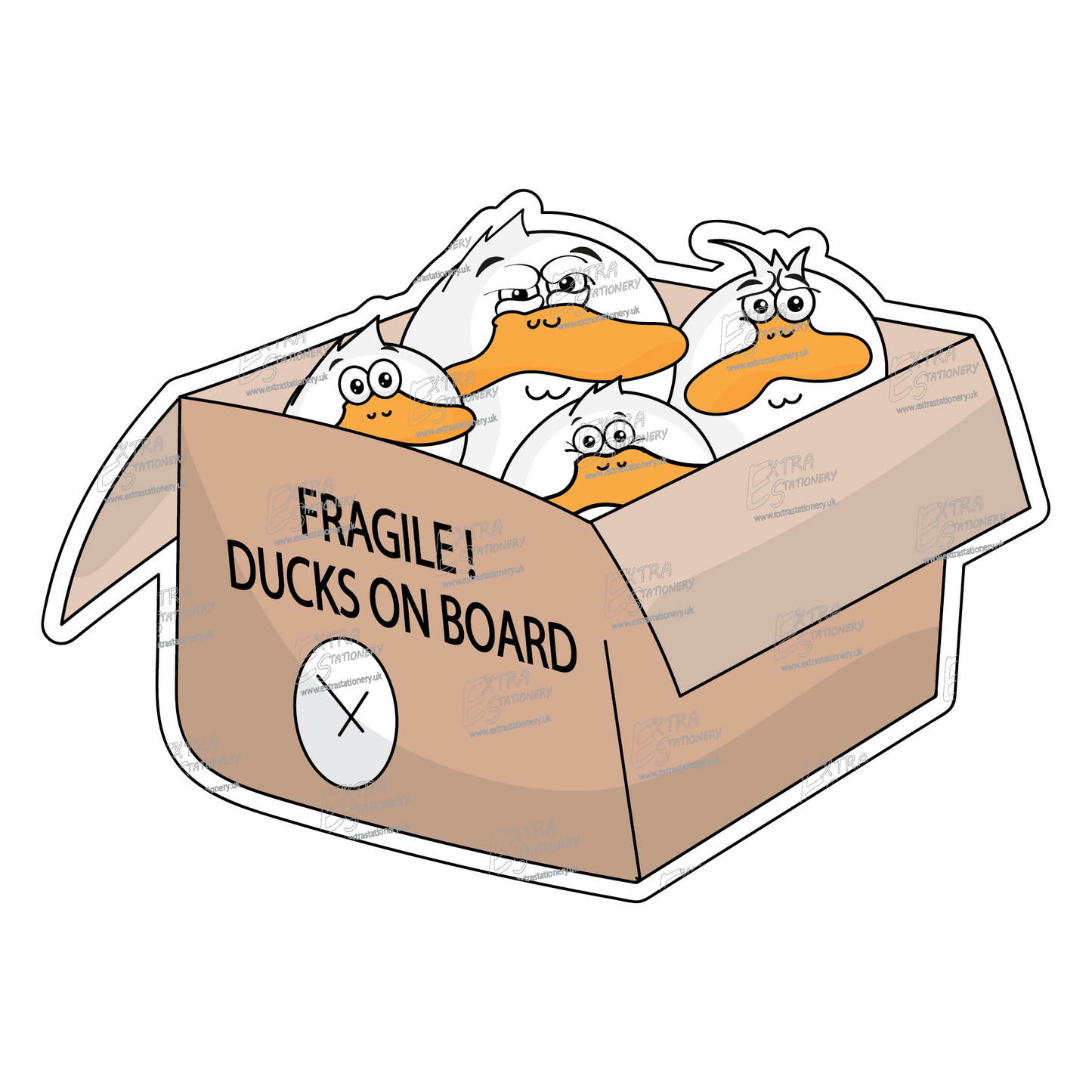 Sticker of cute and funny ducks peeking out of an open package box with comical expressions, radiating whimsy and humor.