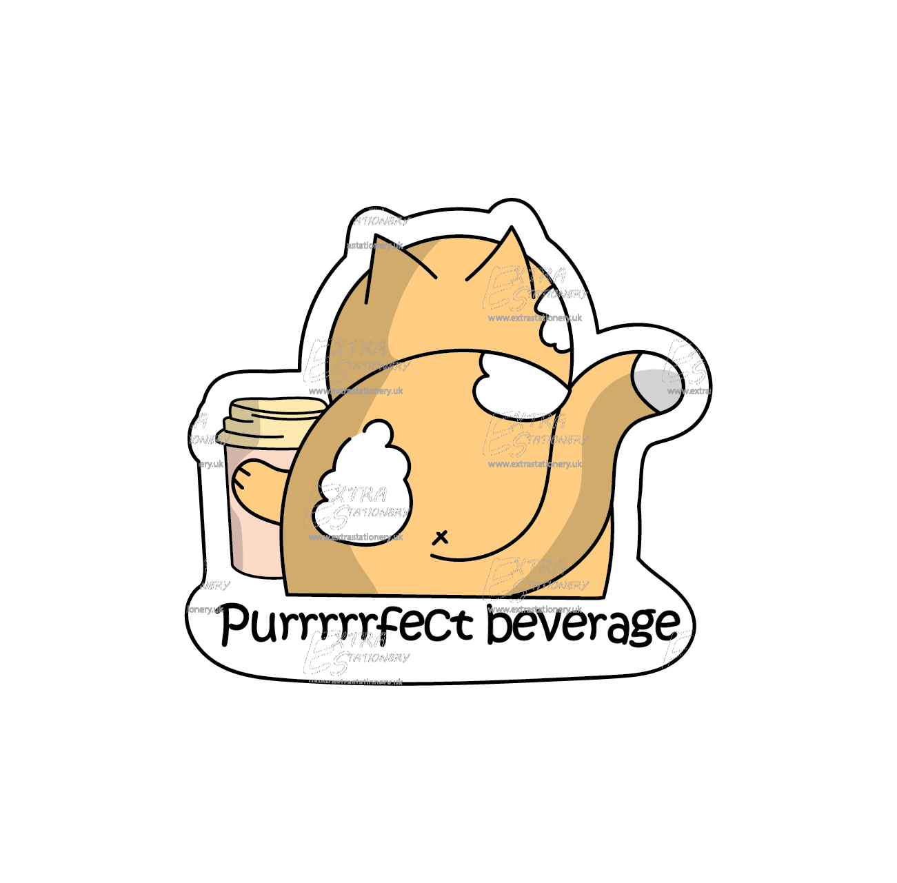 Sticker of an adorable kitty holding a cool cup of a beverage, radiating contentment and charm, with the text 'Purrrrfect Beverage' adding a playful touch.