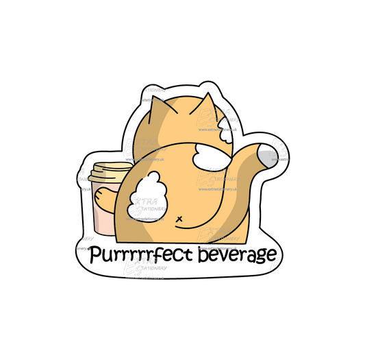 Sticker of an adorable kitty holding a cool cup of a beverage, radiating contentment and charm, with the text 'Purrrrfect Beverage' adding a playful touch.