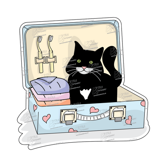 Sticker of a cute kitty nestled inside a partially open travel luggage among personal items, radiating coziness and travel companionship.