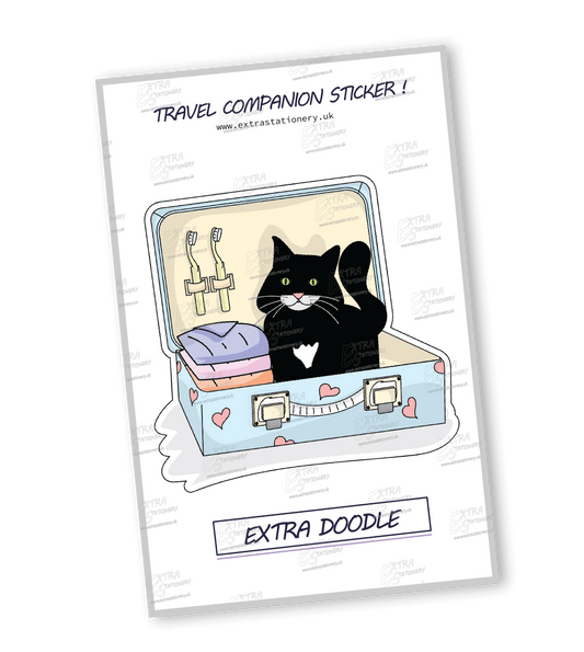 Sticker of a cute kitty nestled inside a partially open travel luggage among personal items, radiating coziness and travel companionship.