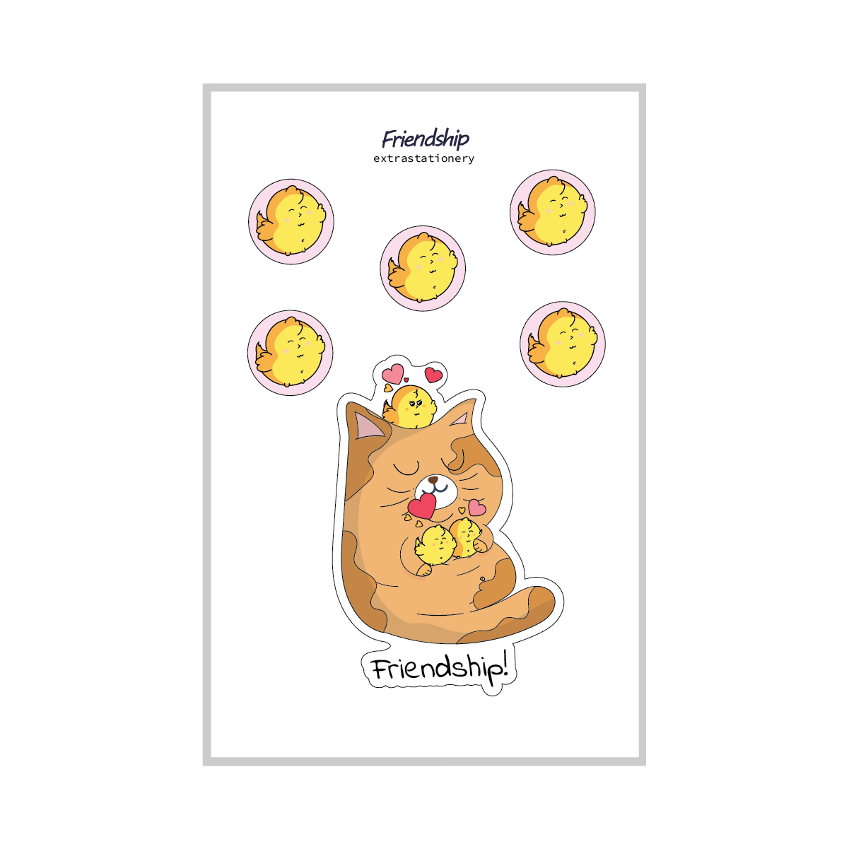 Sticker design with a cat and chickens labeled 'Friendship' on a white background