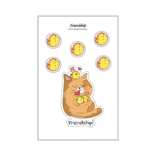 Sticker design with a cat and chickens labeled 'Friendship' on a white background