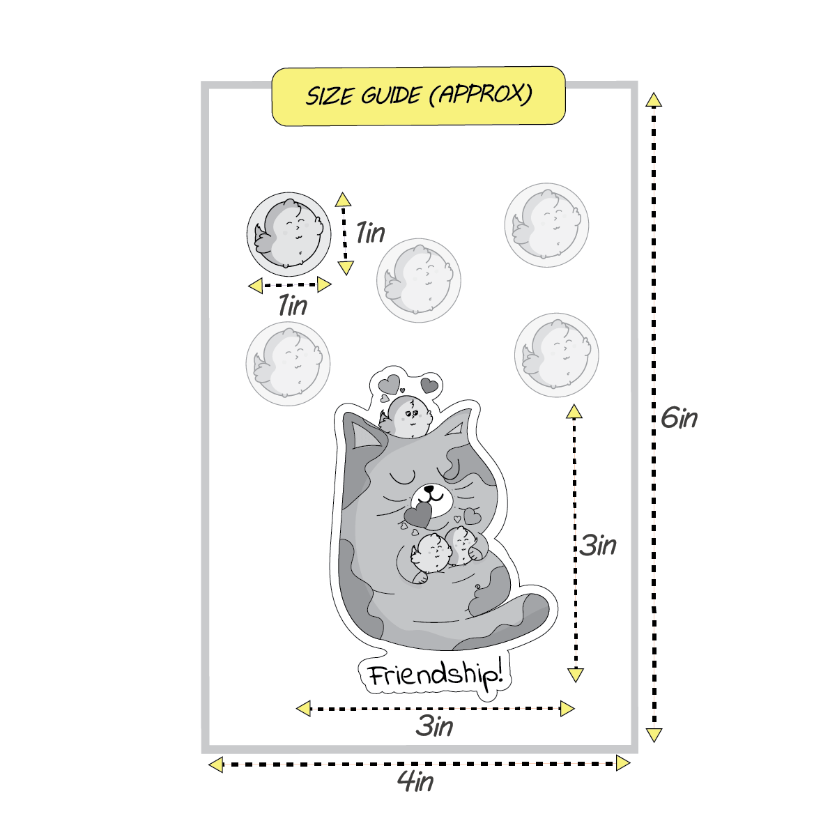 Size guide with cartoon cat and mouse design, showing dimensions in inches.