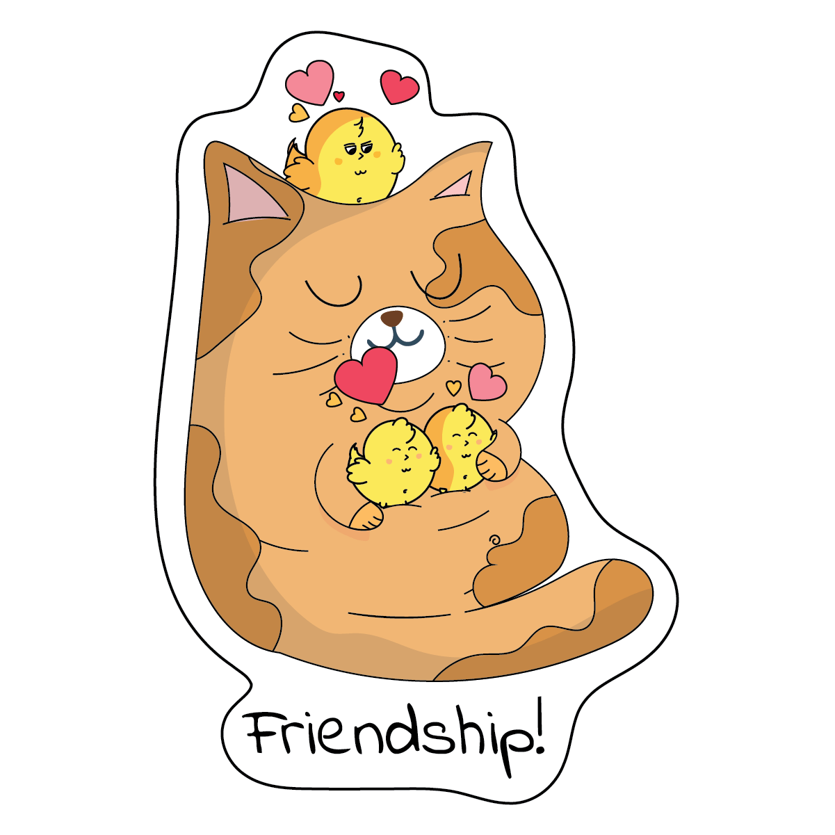 Cartoon cat hugging two chicks with hearts and the word 'Friendship' on a white background