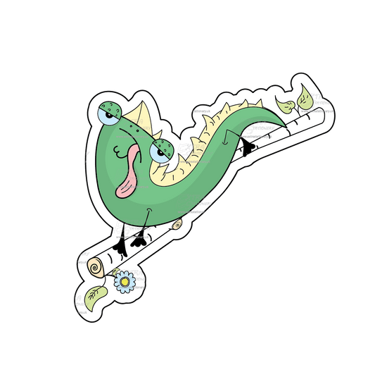 Sticker of an adorable lizard on a branch, its tongue playfully sticking out, capturing natural curiosity.