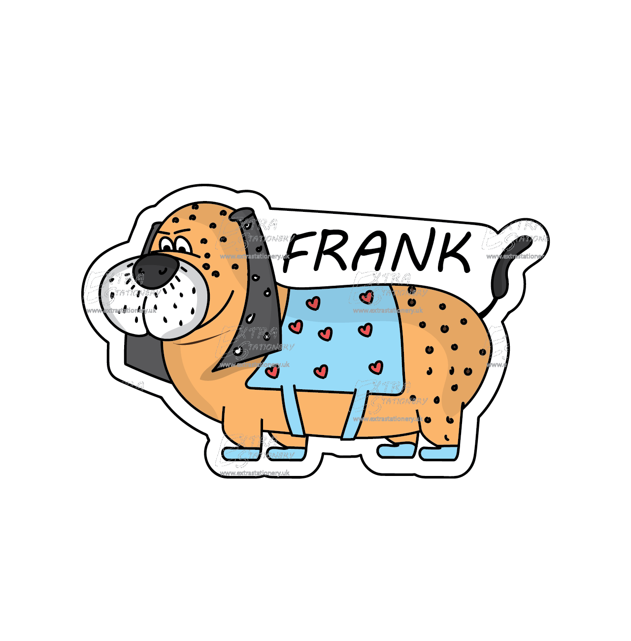 Sticker of Frank the dachshund puppy wearing a cute jacket with hearts, and nestled in his own little house, radiating a blend of charm and cosy companionship.