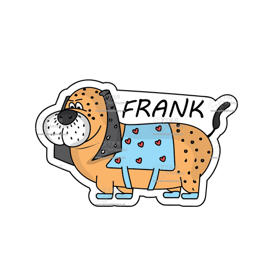 Sticker of Frank the dachshund puppy wearing a cute jacket with hearts, and nestled in his own little house, radiating a blend of charm and cosy companionship.