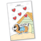 Sticker of Frank the dachshund puppy wearing a cute jacket with hearts, and nestled in his own little house, radiating a blend of charm and cosy companionship.