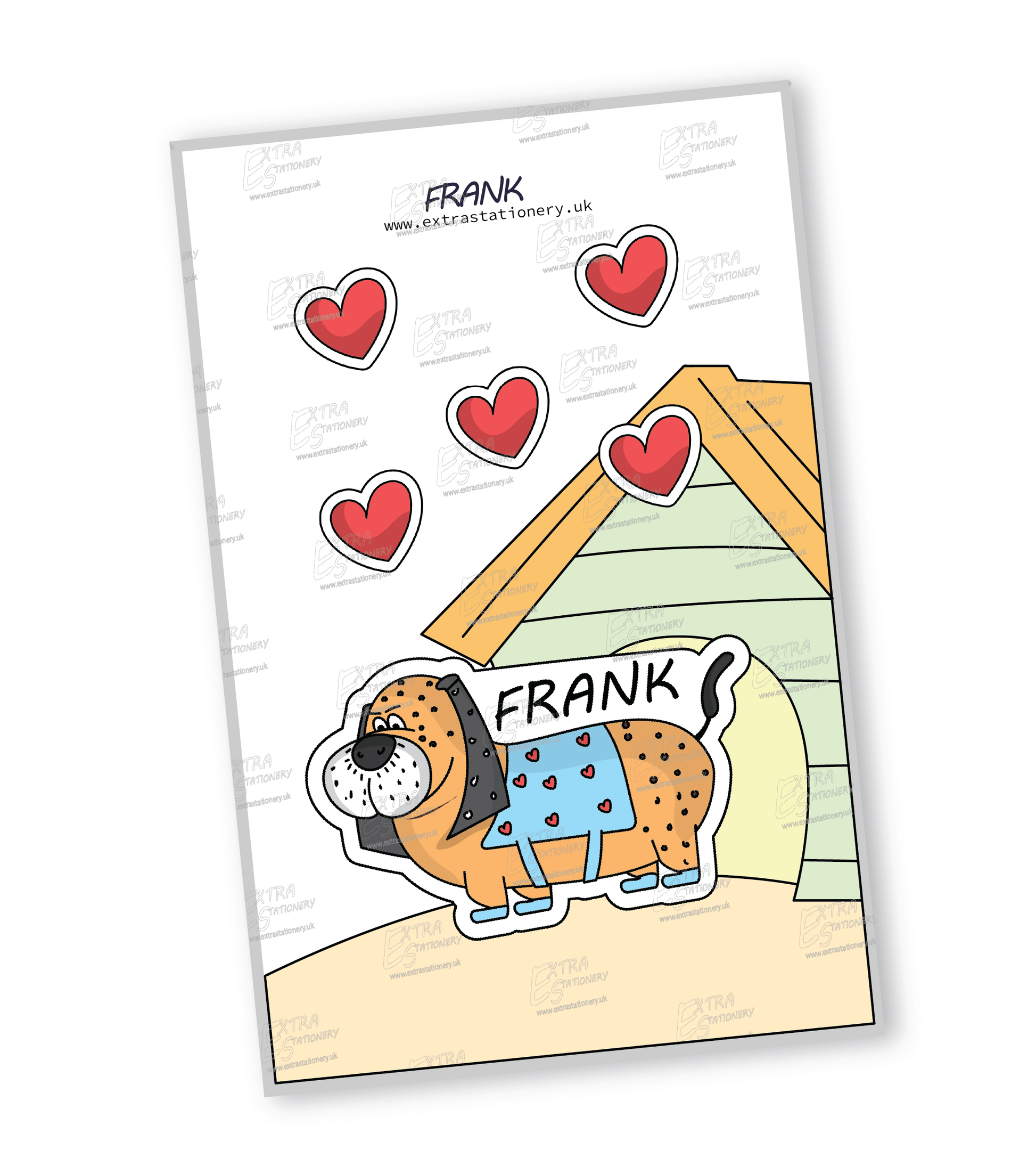 Sticker of Frank the dachshund puppy wearing a cute jacket with hearts, and nestled in his own little house, radiating a blend of charm and cosy companionship.