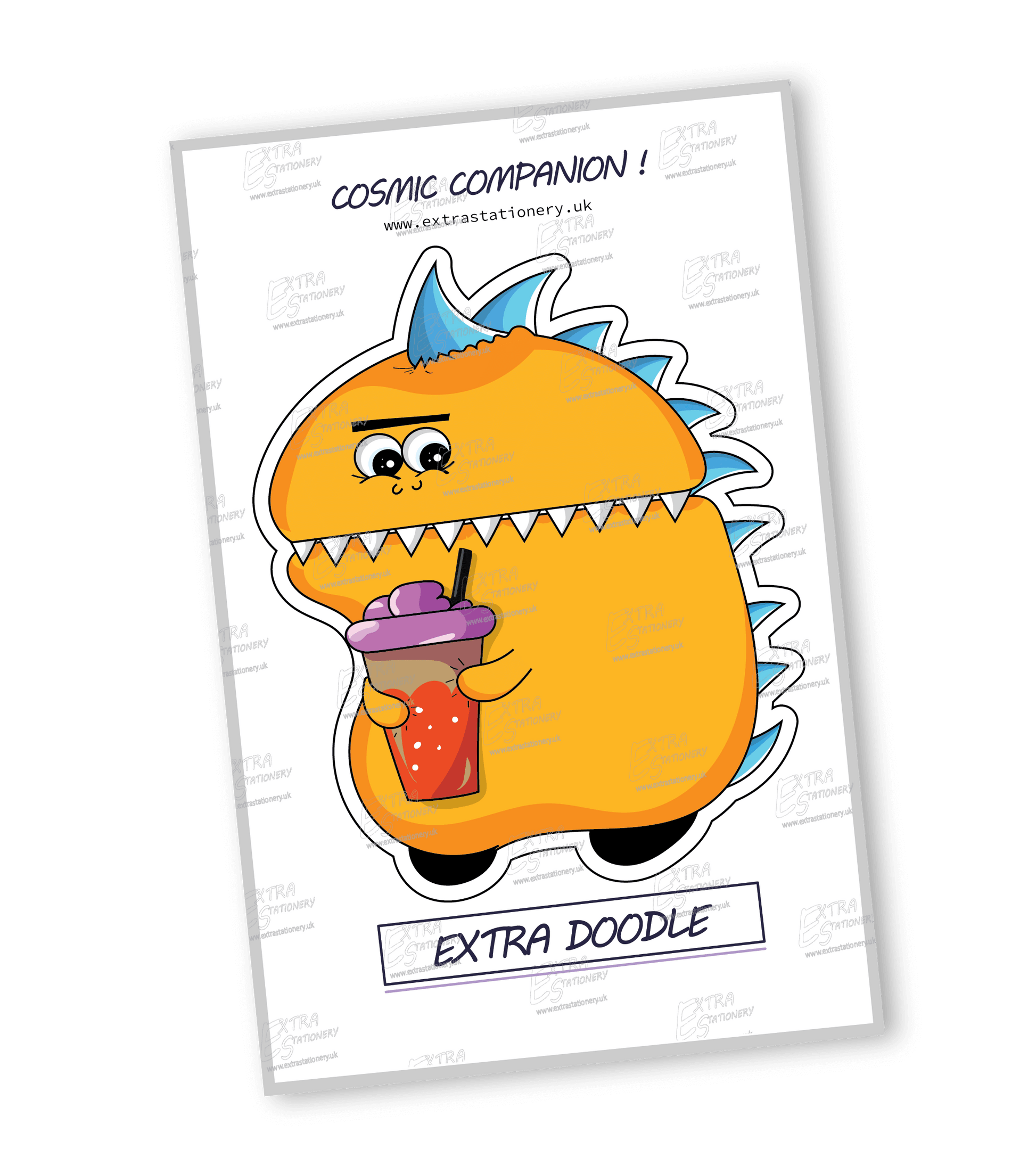 extra doodle sticker, an adorable and friendly outer space creature holding a little drink, depicted in a cute and whimsical sticker design.