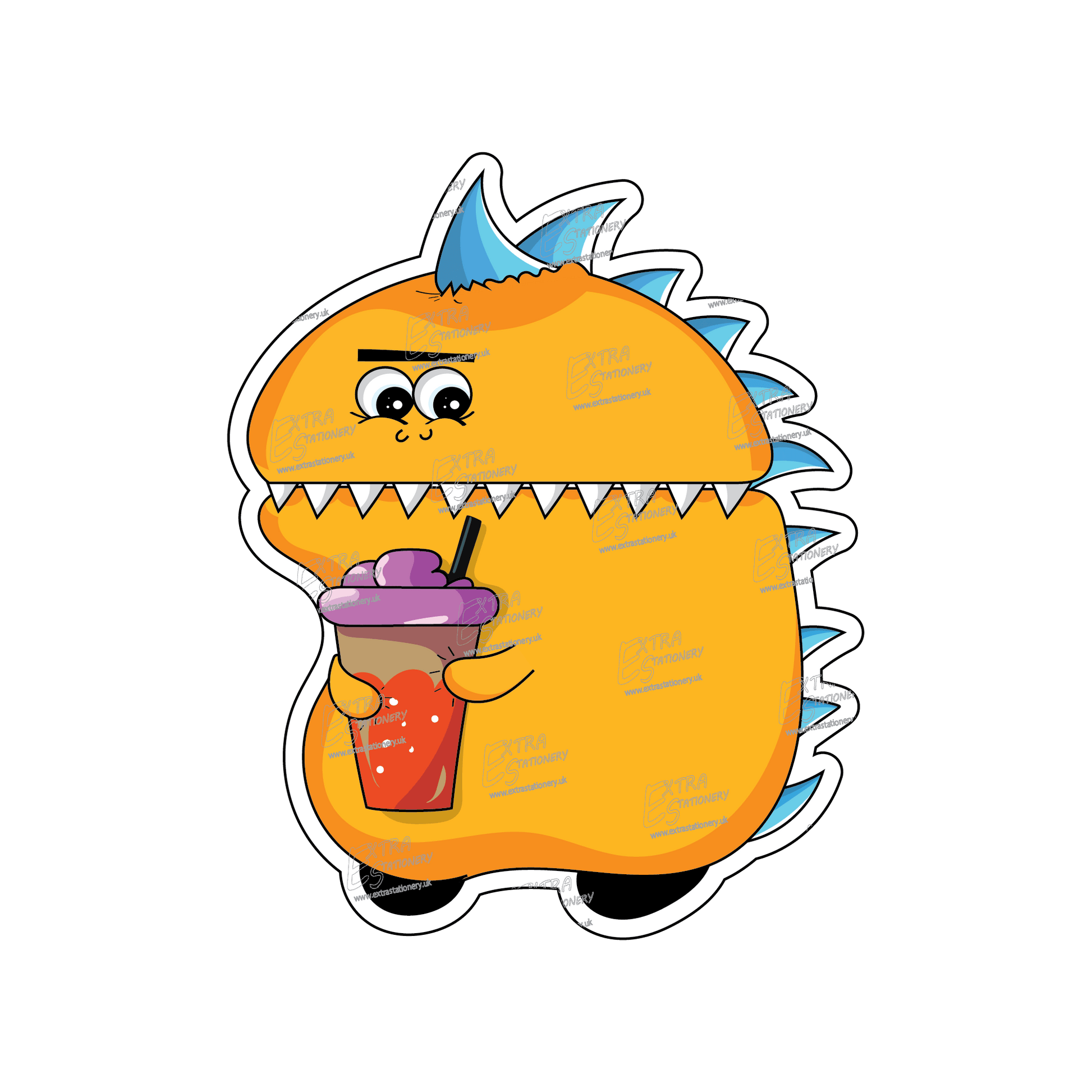 An adorable and friendly outer space creature holding a little drink, depicted in a cute and whimsical sticker design.