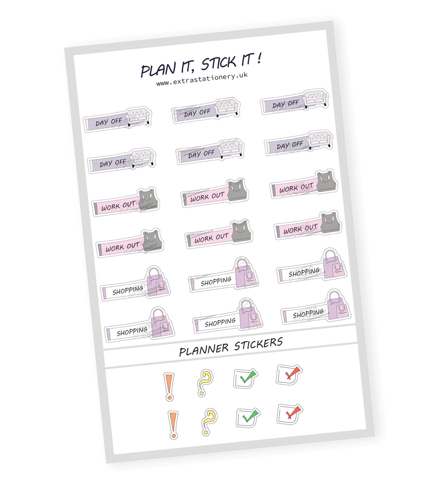  Lifestyle planner sticker sheet with day off, workout, and shopping stickers - 18 stickers in total (6 of each type)