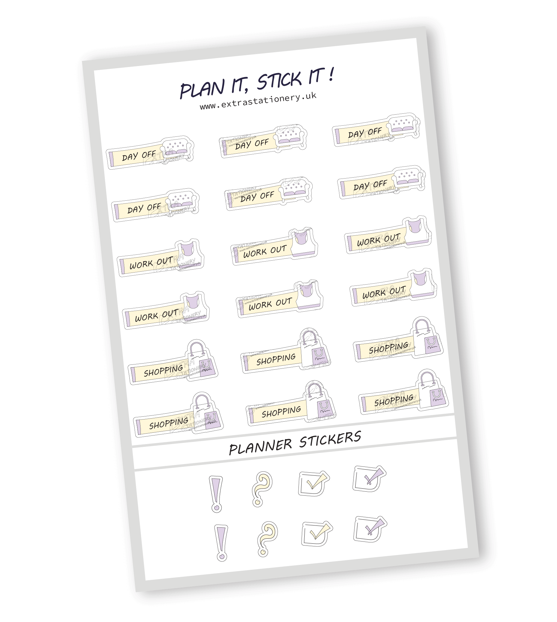 Sunshine Lilac color, Lifestyle planner sticker sheet with day off, workout, and shopping stickers  18 stickers in total (6 of each type)