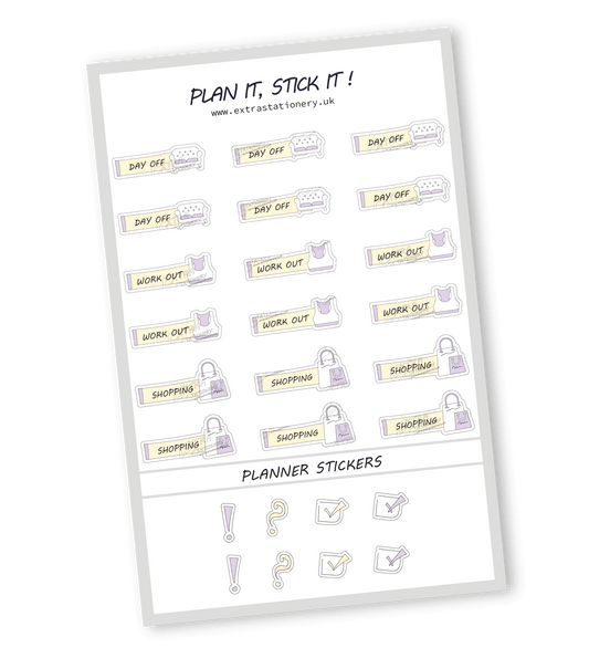 Sunshine Lilac color, Lifestyle planner sticker sheet with day off, workout, and shopping stickers  18 stickers in total (6 of each type)