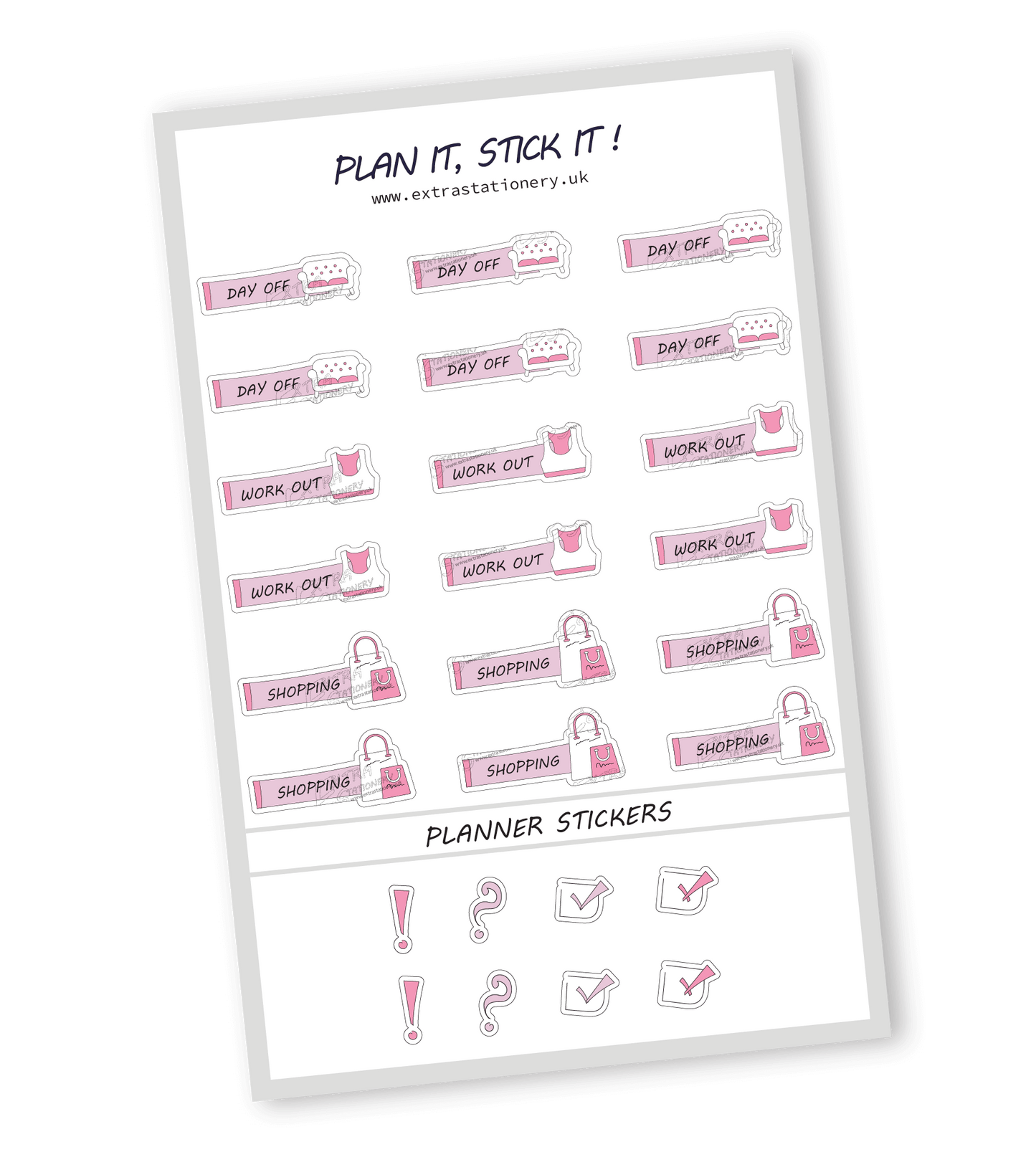 Rose Fusion color, Lifestyle planner sticker sheet with day off, workout, and shopping stickers - 18 stickers in total (6 of each type)