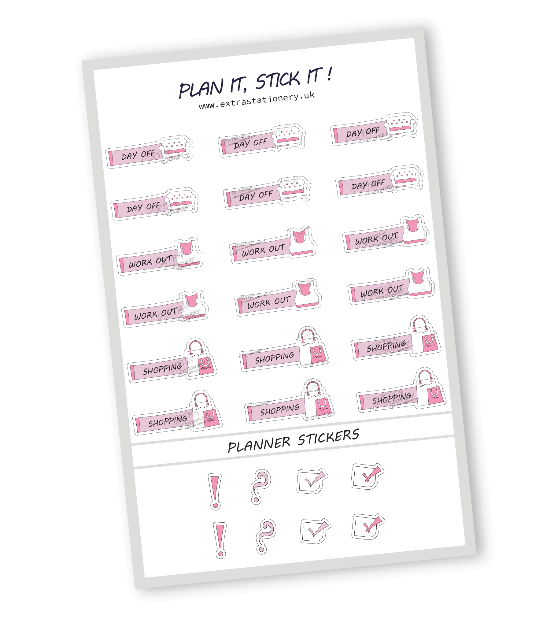 Rose Fusion color, Lifestyle planner sticker sheet with day off, workout, and shopping stickers - 18 stickers in total (6 of each type)