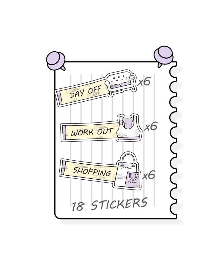 Sunshine lilac, planner stickers cater to personal well-being and lifestyle organization, with stickers for scheduling relaxation and leisure on days off, tracking fitness and exercise routines with workout stickers, and efficiently planning and organizing shopping lists and trips with dedicated shopping planner stickers.