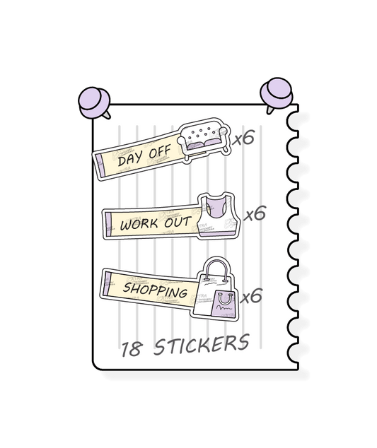 Sunshine lilac, planner stickers cater to personal well-being and lifestyle organization, with stickers for scheduling relaxation and leisure on days off, tracking fitness and exercise routines with workout stickers, and efficiently planning and organizing shopping lists and trips with dedicated shopping planner stickers.