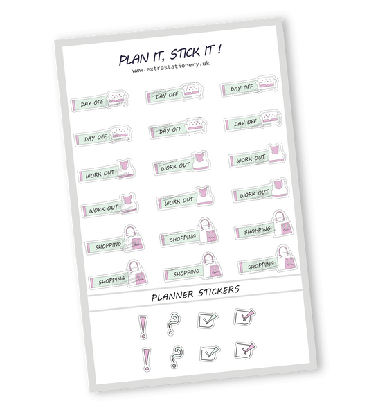 Minty Blush color, Lifestyle planner sticker sheet with day off, workout, and shopping stickers  18 stickers in total (6 of each type)