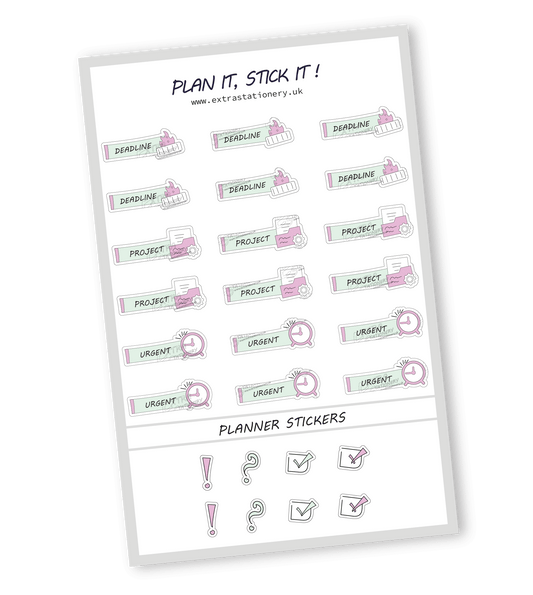 Minty Blush color, Productivity planner sticker sheet with deadline, project, and urgent stickers  18 stickers in total (6 of each type)