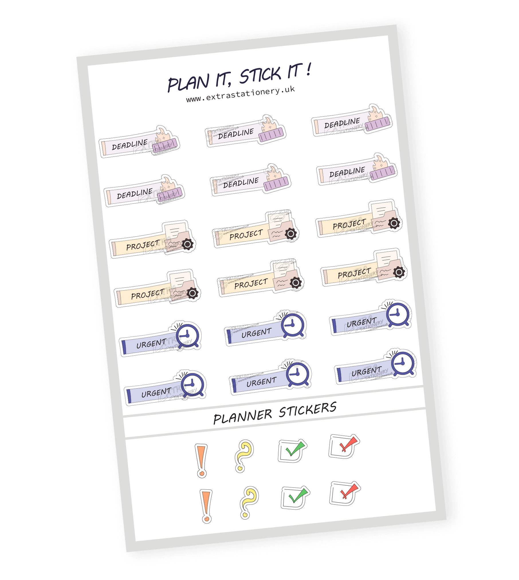 Productivity planner sticker sheet with deadline, project, and urgent stickers - 18 stickers in total (6 of each type)