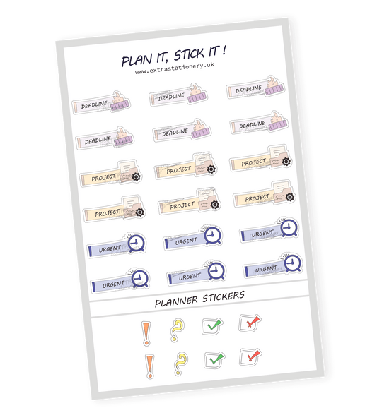 Productivity planner sticker sheet with deadline, project, and urgent stickers - 18 stickers in total (6 of each type)