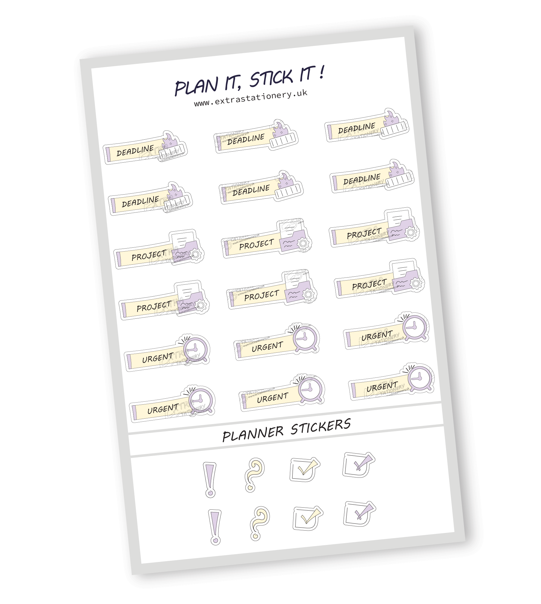 Sunshine Lilac color, Productivity planner sticker sheet with deadline, project, and urgent stickers  18 stickers in total (6 of each type)