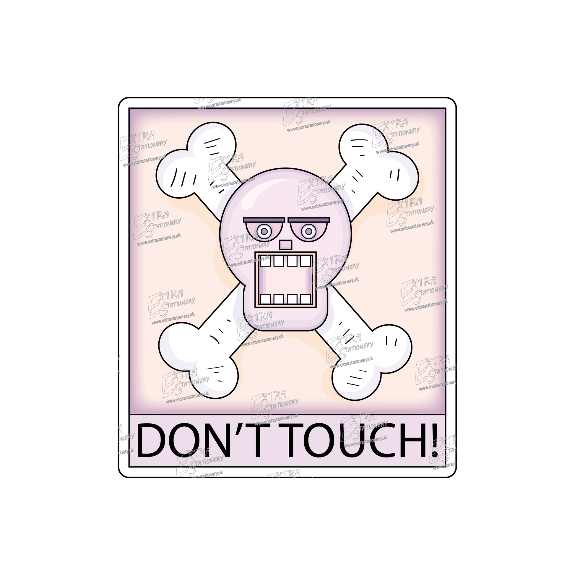 A cool and edgy 'DON'T TOUCH' sticker featuring a skull and crossbones, designed to ward off unwelcome hands in a stylish way."