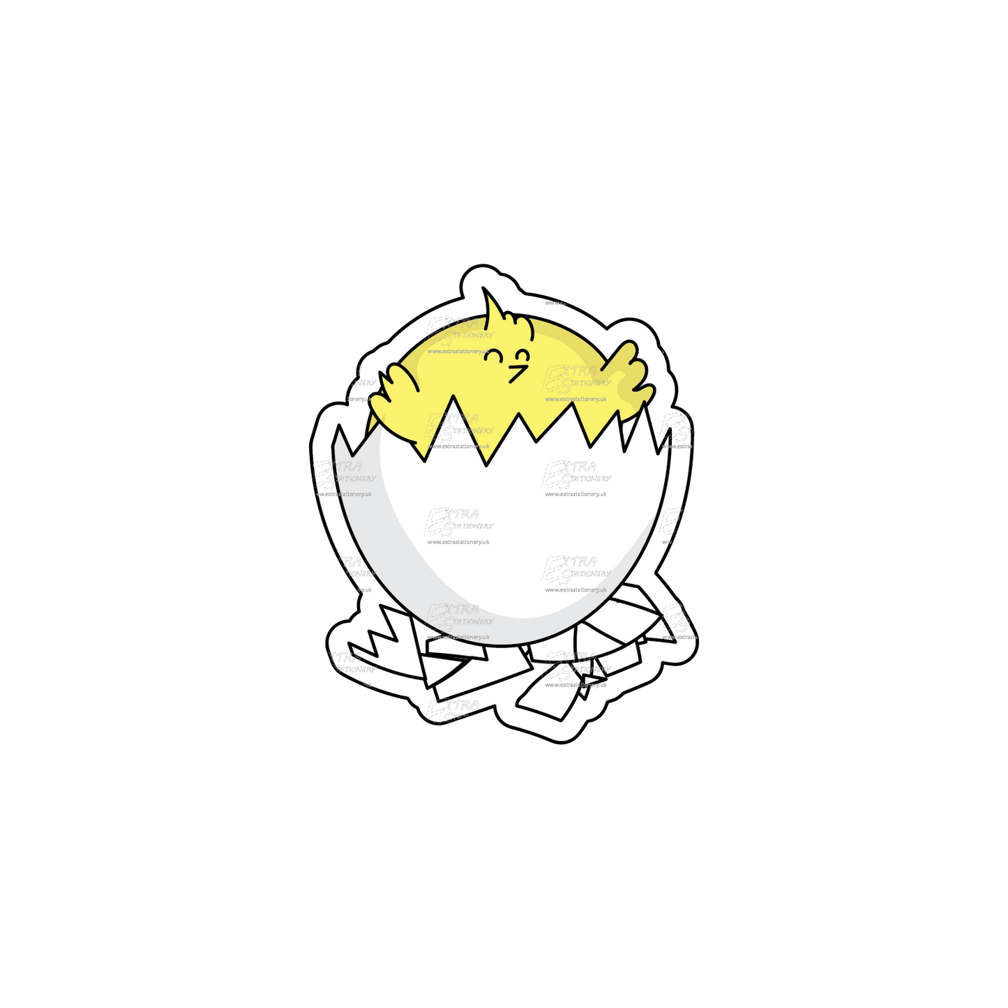 A sticker of a small baby chick nestled inside a cracked eggshell, a symbol of new beginnings.