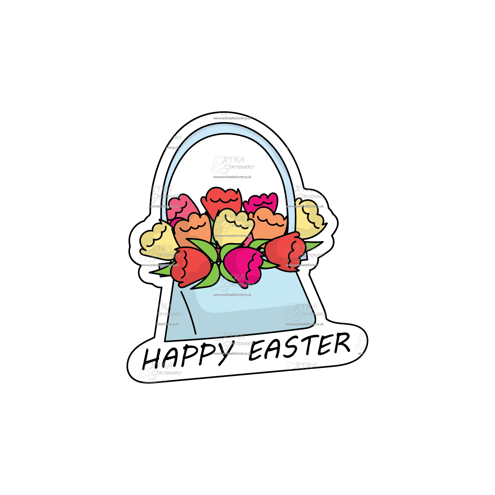 A sticker showing a basket filled with vibrant and cute tulip flowers, perfect for celebrating Easter.