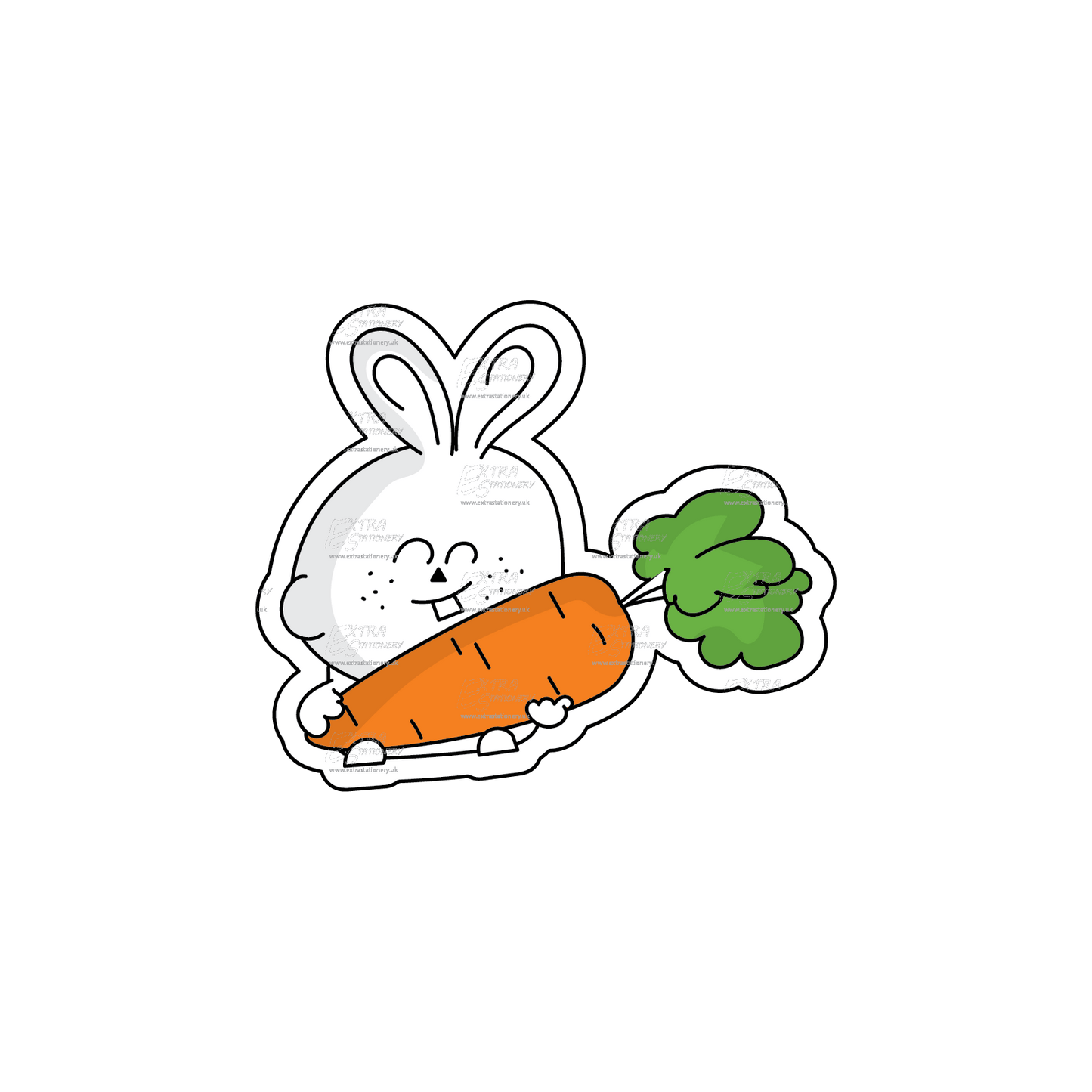 A sticker featuring an adorable rabbit holding a giant carrot, embodying the spirit of Easter.