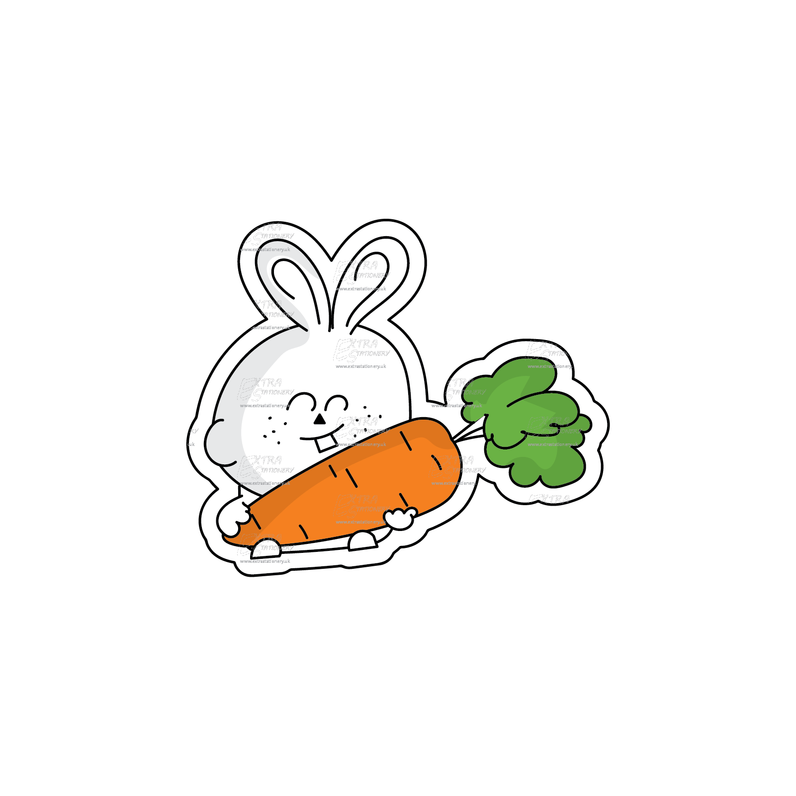 A sticker featuring an adorable rabbit holding a giant carrot, embodying the spirit of Easter.