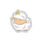 A sticker showcasing a cute sheep with a tiny chick playfully perched on its head.