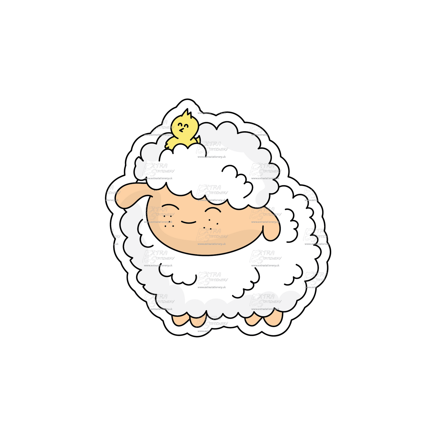 A sticker showcasing a cute sheep with a tiny chick playfully perched on its head.