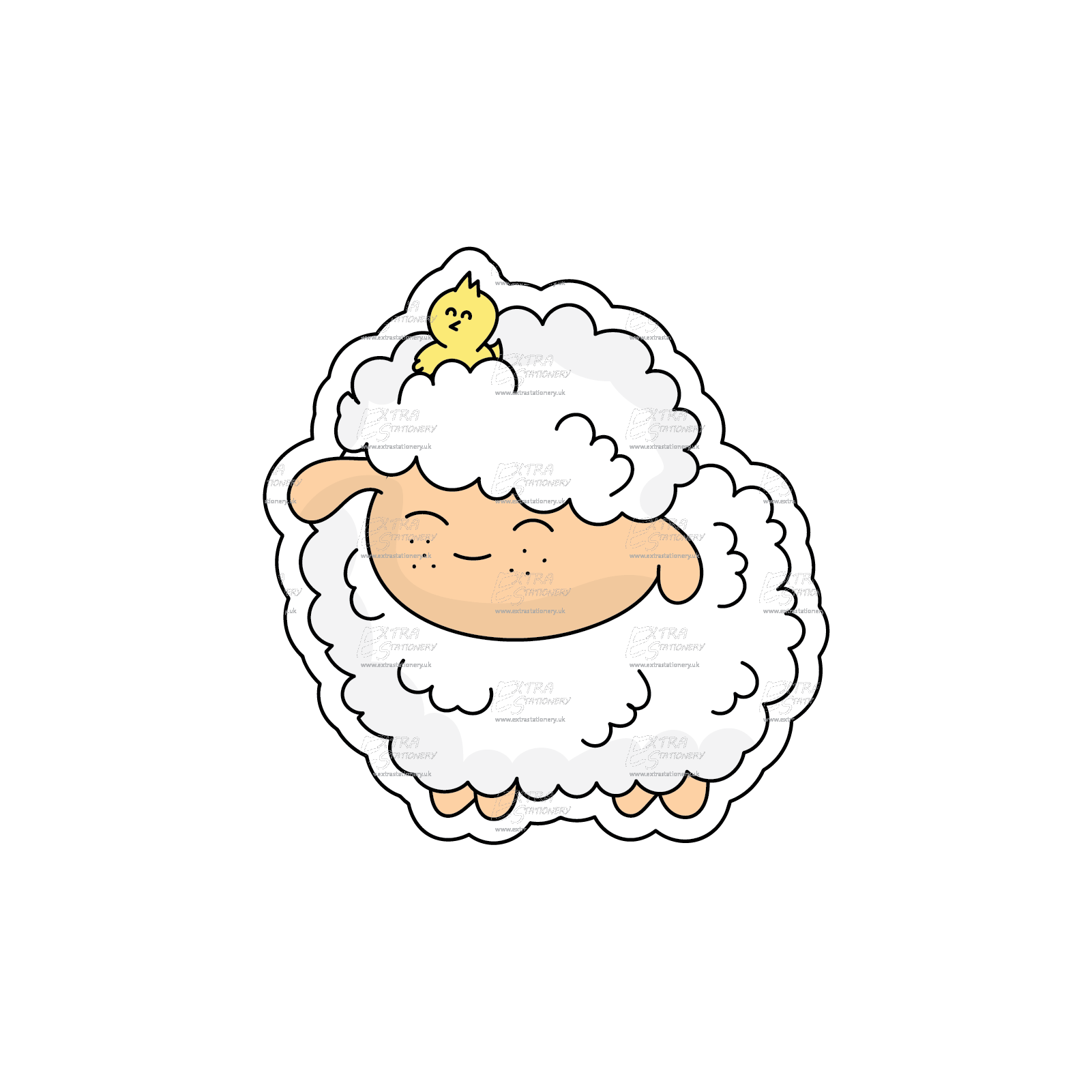 A sticker showcasing a cute sheep with a tiny chick playfully perched on its head.