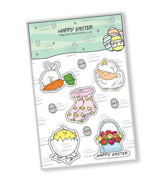 A sticker of a small baby chick nestled inside a cracked eggshell, a symbol of new beginnings. A sticker showcasing a cute sheep with a tiny chick playfully perched on its head. A sticker featuring an adorable rabbit holding a giant carrot, embodying the spirit of Easter. A sticker displaying a pair of socks adorned with charming chick illustrations, adding a touch of whimsy. A sticker showing a basket filled with vibrant and cute tulip flowers, perfect for celebrating Easter.