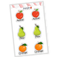 Colorful and playful sticker collection of 12 fruits: kiwi, strawberry, orange, grapes, lemon, pineapple, blueberries, bananas, apple, watermelon, cherries, pear, each with a unique, delightful design.