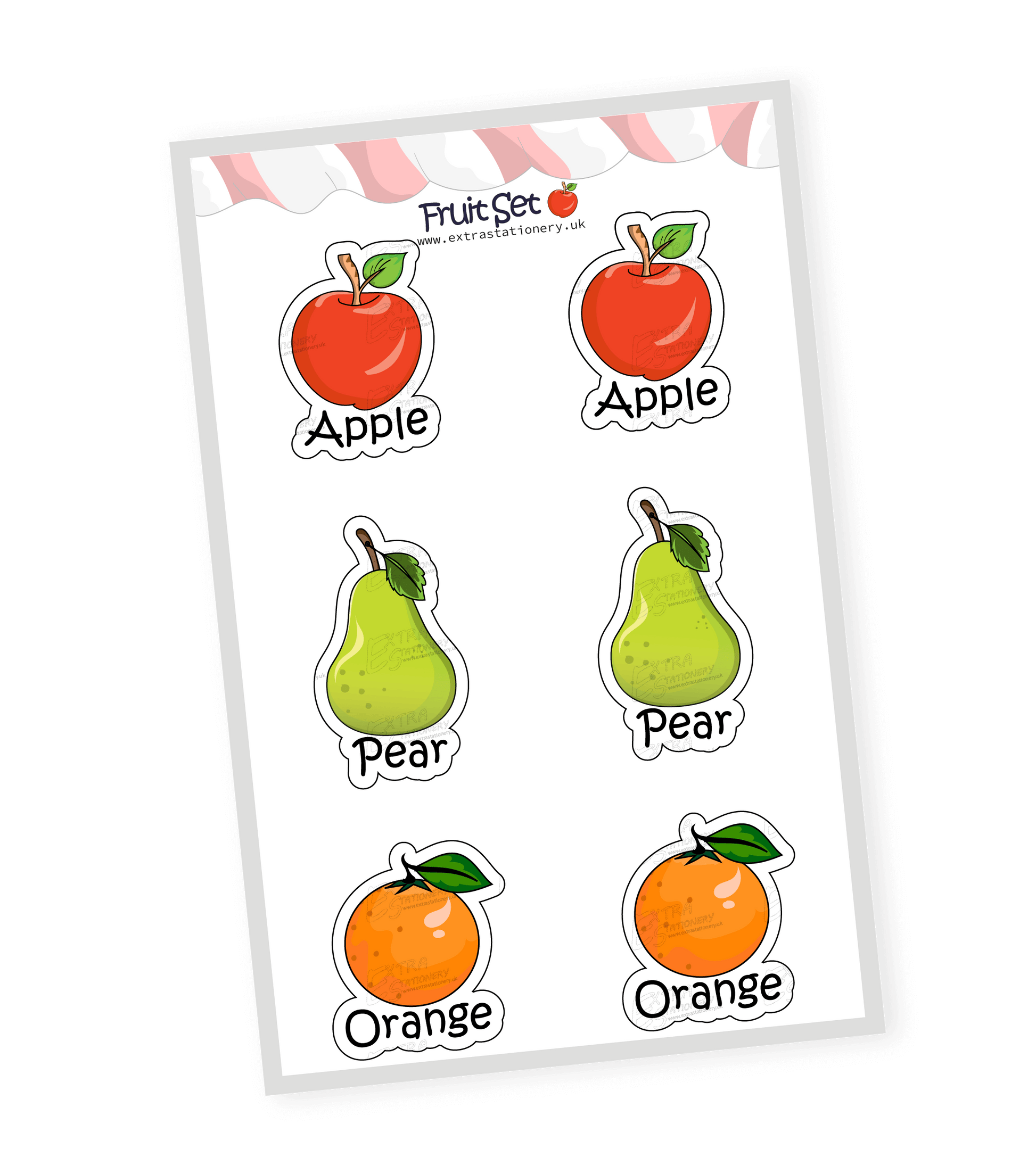 Colorful and playful sticker collection of 12 fruits: kiwi, strawberry, orange, grapes, lemon, pineapple, blueberries, bananas, apple, watermelon, cherries, pear, each with a unique, delightful design.