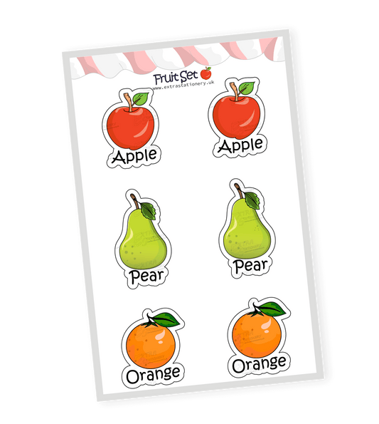 Colorful and playful sticker collection of 12 fruits: kiwi, strawberry, orange, grapes, lemon, pineapple, blueberries, bananas, apple, watermelon, cherries, pear, each with a unique, delightful design.