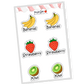 Colorful and playful sticker collection of 12 fruits: kiwi, strawberry, orange, grapes, lemon, pineapple, blueberries, bananas, apple, watermelon, cherries, pear, each with a unique, delightful design.