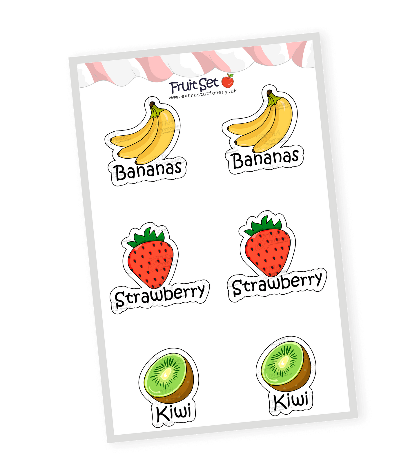 Colorful and playful sticker collection of 12 fruits: kiwi, strawberry, orange, grapes, lemon, pineapple, blueberries, bananas, apple, watermelon, cherries, pear, each with a unique, delightful design.