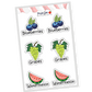 Colorful and playful sticker collection of 12 fruits: kiwi, strawberry, orange, grapes, lemon, pineapple, blueberries, bananas, apple, watermelon, cherries, pear, each with a unique, delightful design.