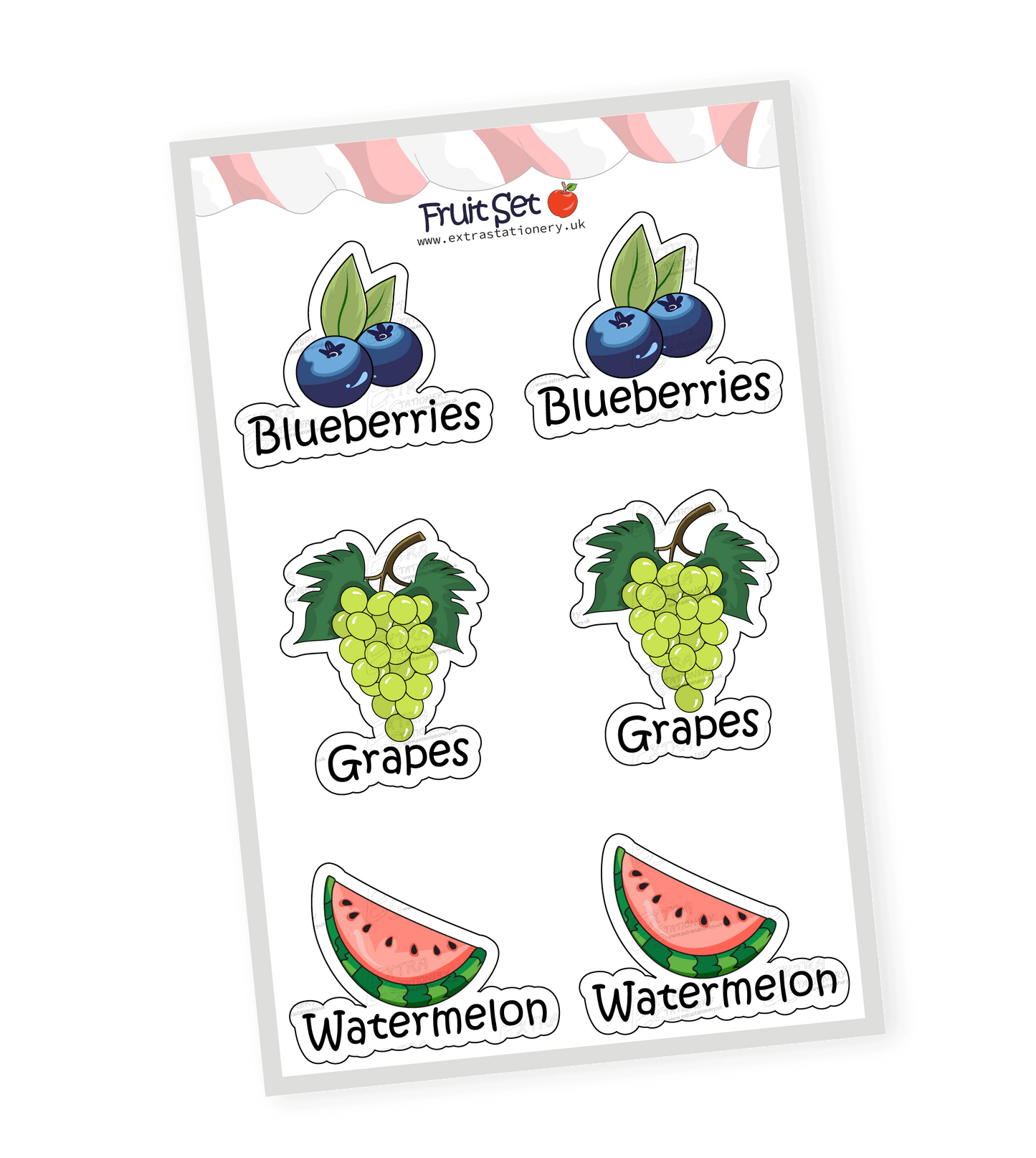 Colorful and playful sticker collection of 12 fruits: kiwi, strawberry, orange, grapes, lemon, pineapple, blueberries, bananas, apple, watermelon, cherries, pear, each with a unique, delightful design.