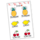 Colorful and playful sticker collection of 12 fruits: kiwi, strawberry, orange, grapes, lemon, pineapple, blueberries, bananas, apple, watermelon, cherries, pear, each with a unique, delightful design.