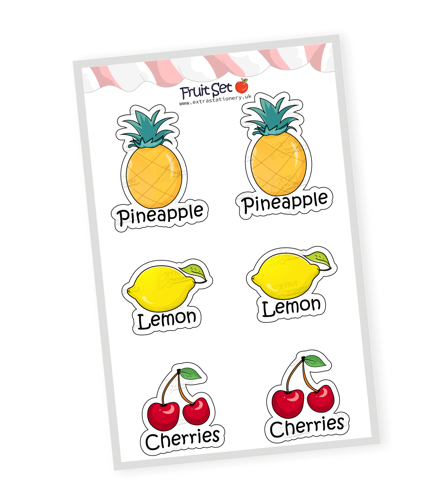 Colorful and playful sticker collection of 12 fruits: kiwi, strawberry, orange, grapes, lemon, pineapple, blueberries, bananas, apple, watermelon, cherries, pear, each with a unique, delightful design.