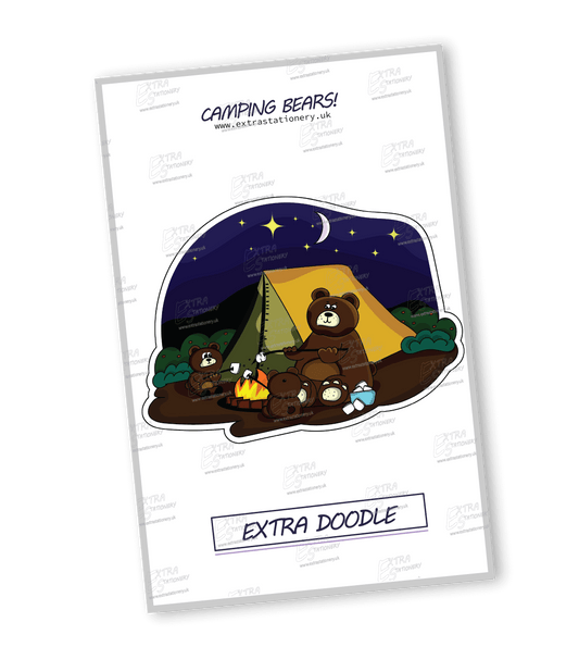 Sticker of a bear family camping under the moonlight, roasting marshmallows over a campfire in a tranquil forest