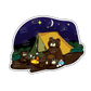 Sticker of a bear family camping under the moonlight, roasting marshmallows over a campfire in a tranquil forest