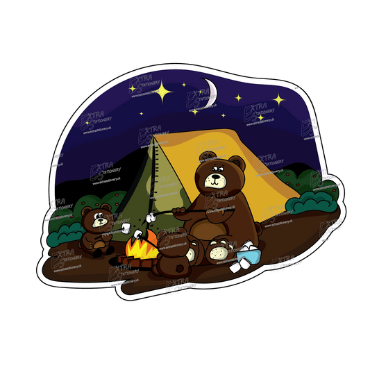 Sticker of a bear family camping under the moonlight, roasting marshmallows over a campfire in a tranquil forest