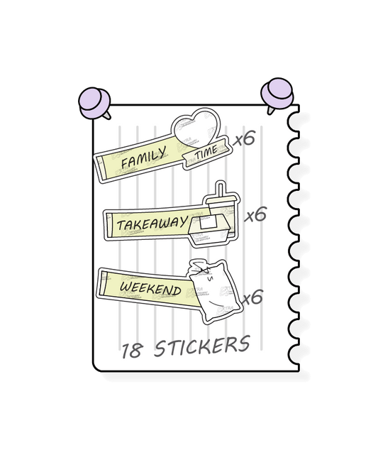 Lime radiance planner stickers offer a diverse range for personal planning, featuring options for prioritizing quality family moments and activities with family time stickers, convenient meal planning and takeout nights with takeaway stickers, and planning and enjoying leisurely weekends with dedicated weekend planner stickers.